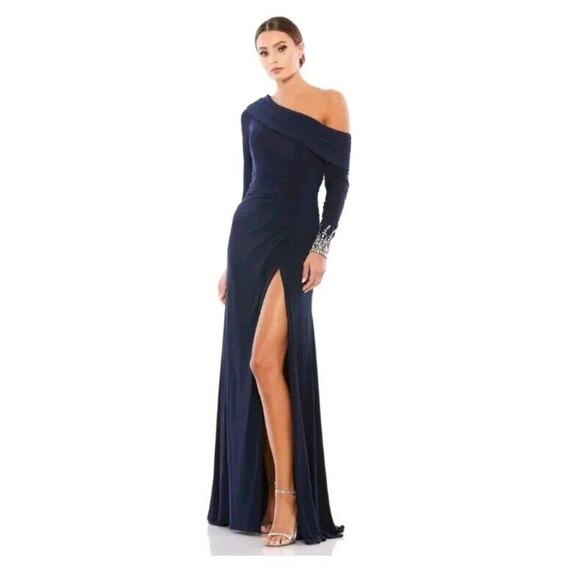 Mac Duggal 12231 Size 6 Midnight Navy Beaded Cuff Drop Shoulder Gown NWT - Picture 1 of 8